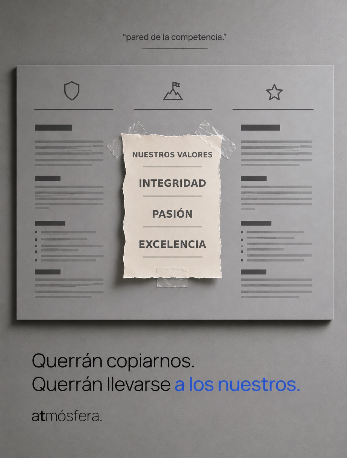 pared de oficina cubierta de fotos y notas reales del equipo, con el título 'nuestra pared'